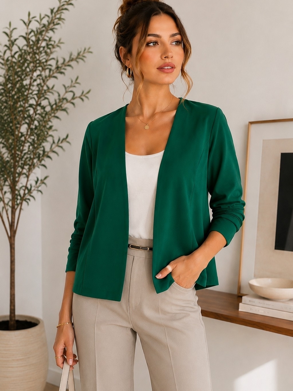 SHEIN Emerald Green Open Front Blazer Jacket XL Ruched Sleeve Minimalist Office